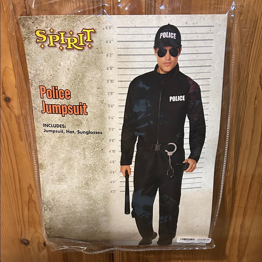 Spirit Halloween Black Police Jumpsuit with Hat